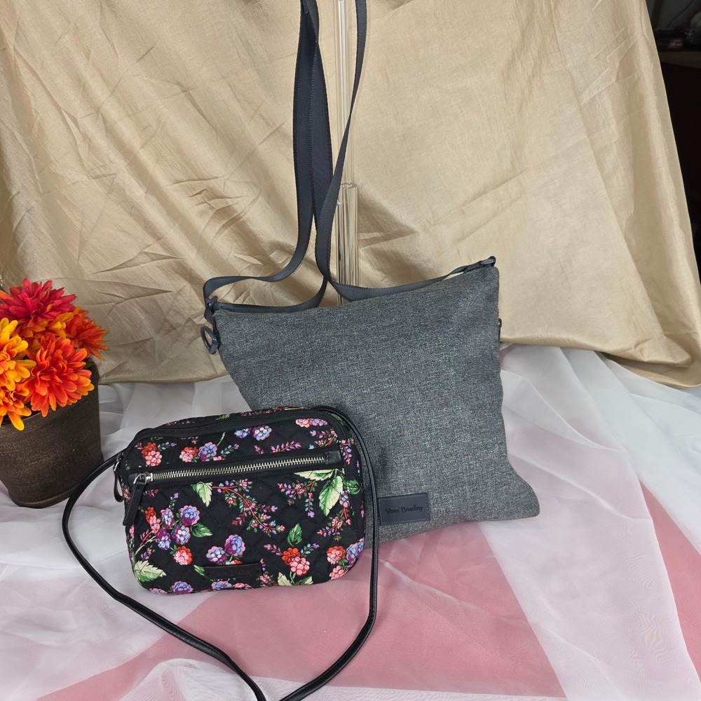 Vera‎ Bradley Iconic Crossbody Set Heather Gray Winter Berry Floral Pouch Bundle